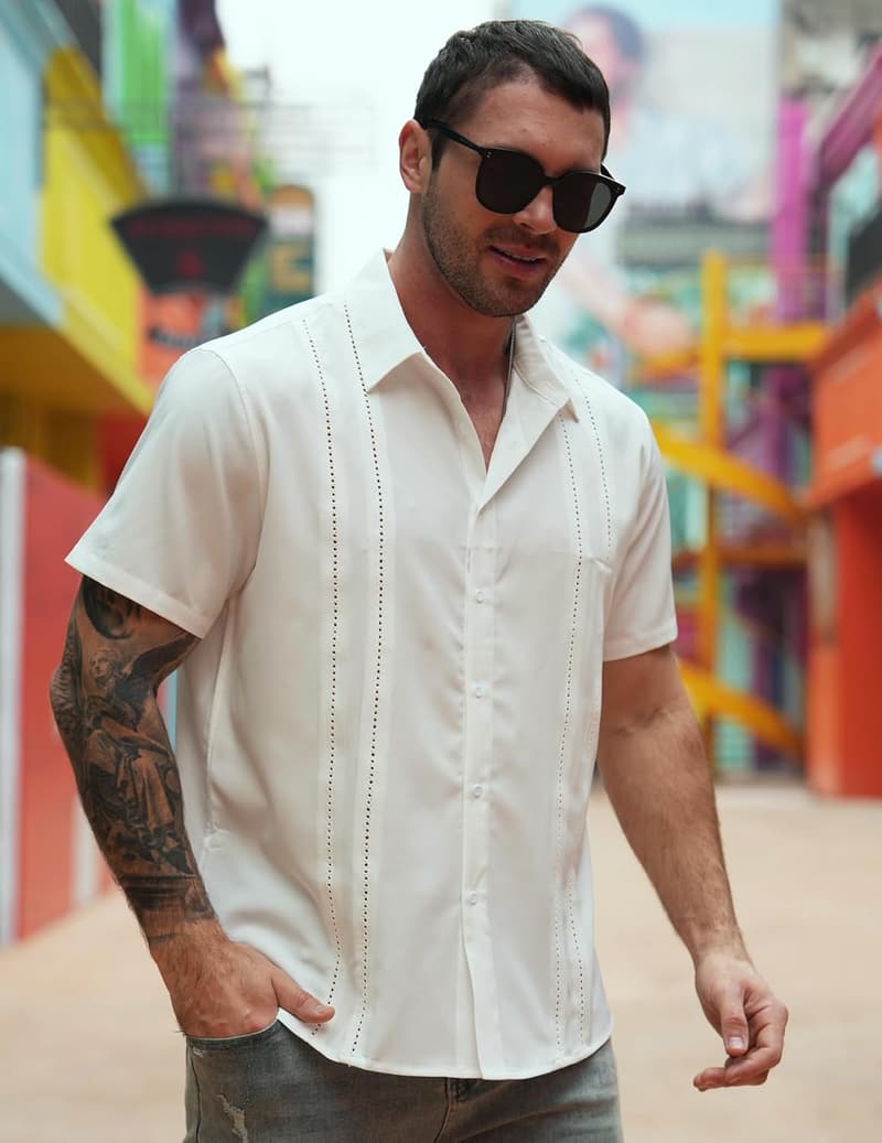 Men's Short Sleeve Cuban Guayabera Shirt for Summer Beach
