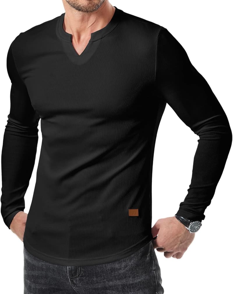 Men's Casual Longline Ribbed V-Neck T-Shirt