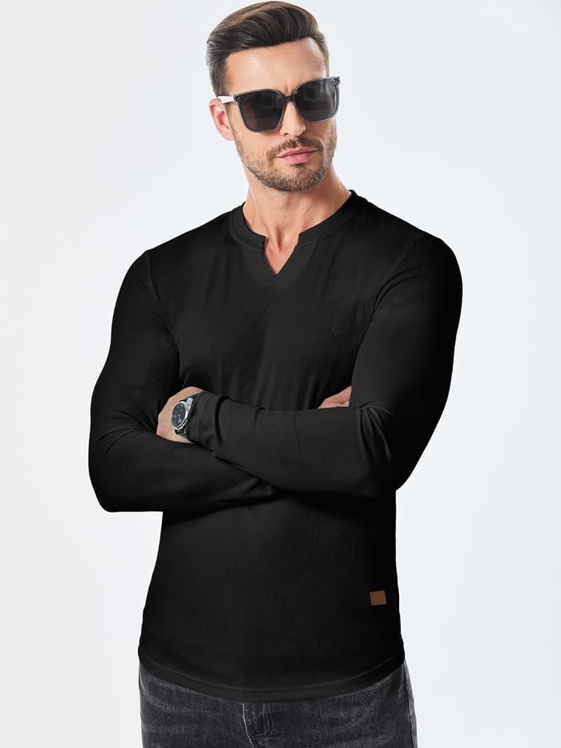 Men's Casual Longline Ribbed V-Neck T-Shirt