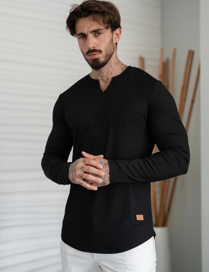 Men's Casual Longline Ribbed V-Neck T-Shirt