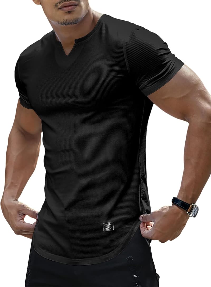 Men's V-Neck Muscle Tee - Short Sleeve Athletic Workout Shirt