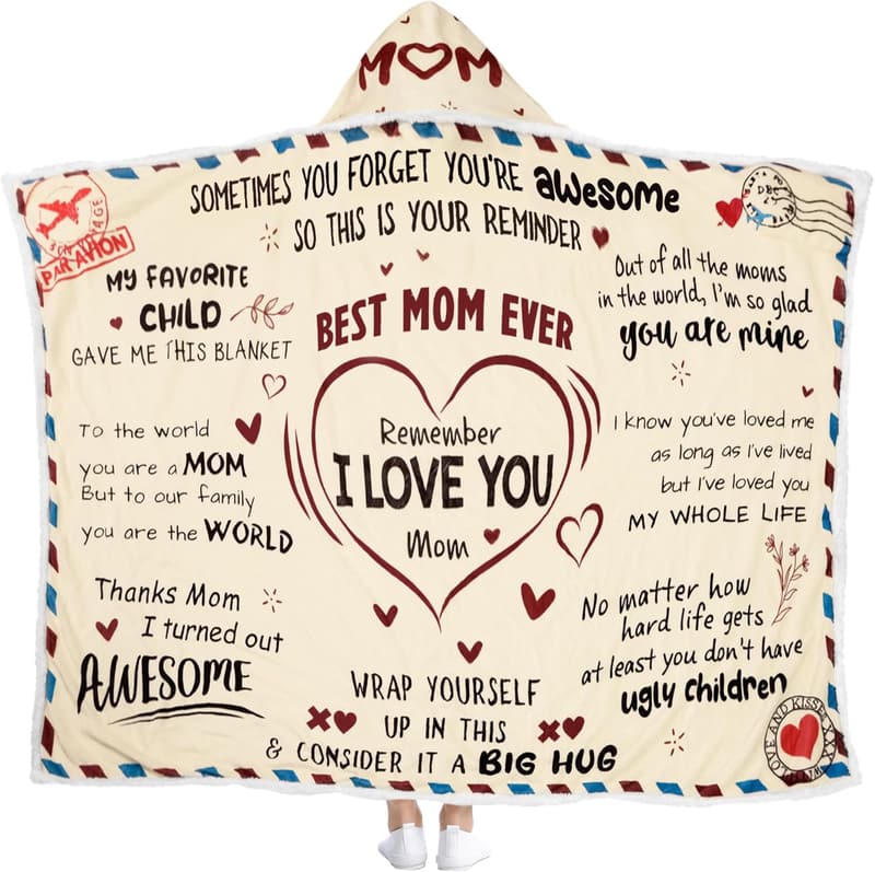 Mother's Day Wearable Blanket Hoodie for Mom - I Love You 47x72