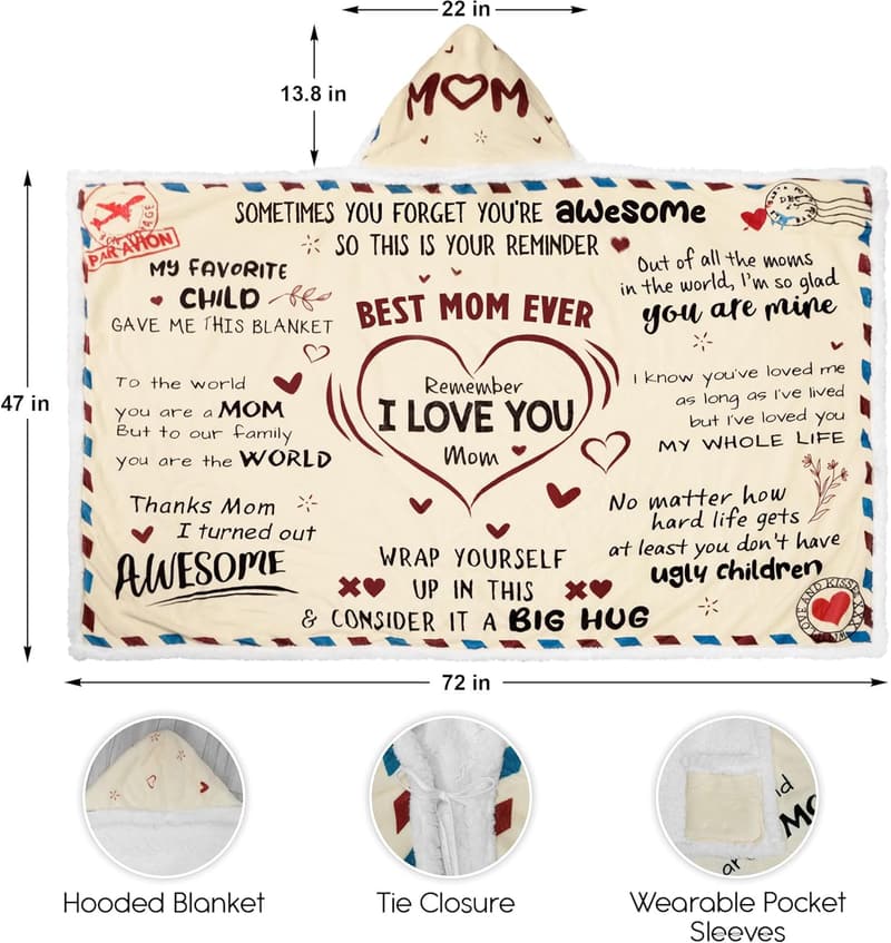 Mother's Day Wearable Blanket Hoodie for Mom - I Love You 47x72