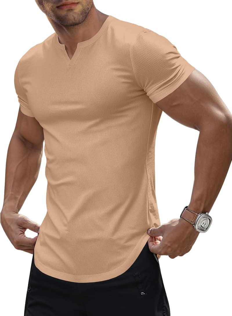 Men's Muscle V-Neck Ribbed Workout Tee Shirt