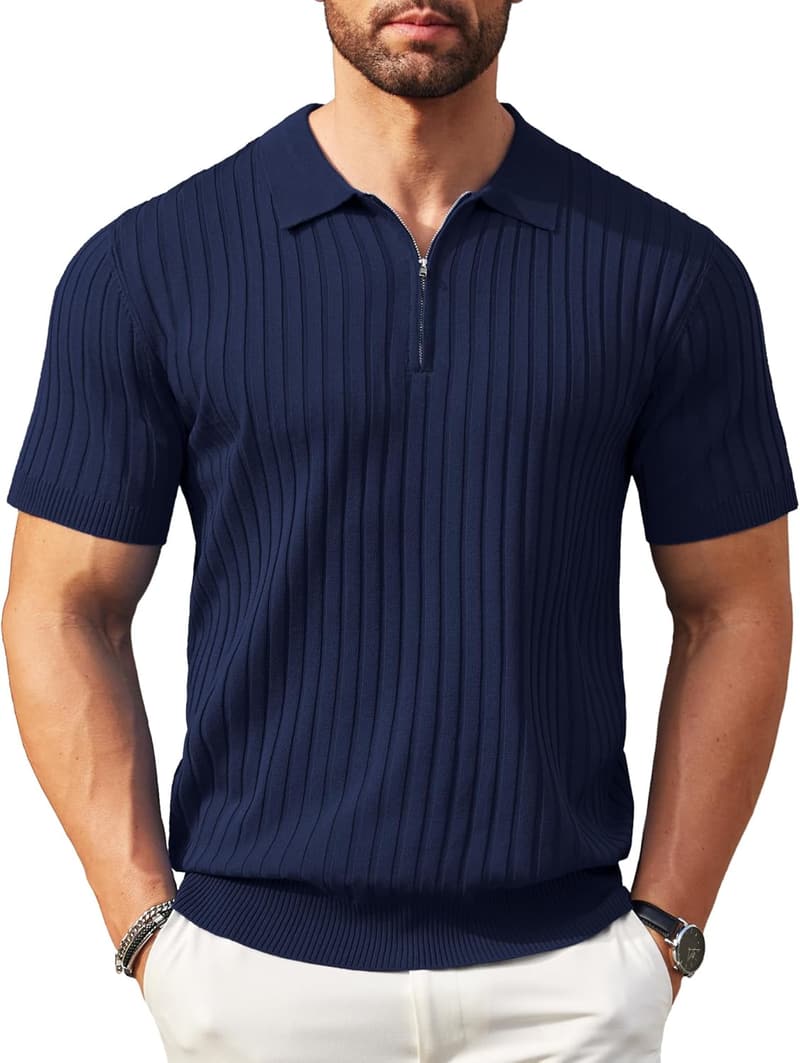 Men's Casual Short Sleeve Zipper Polo Shirt for Golf