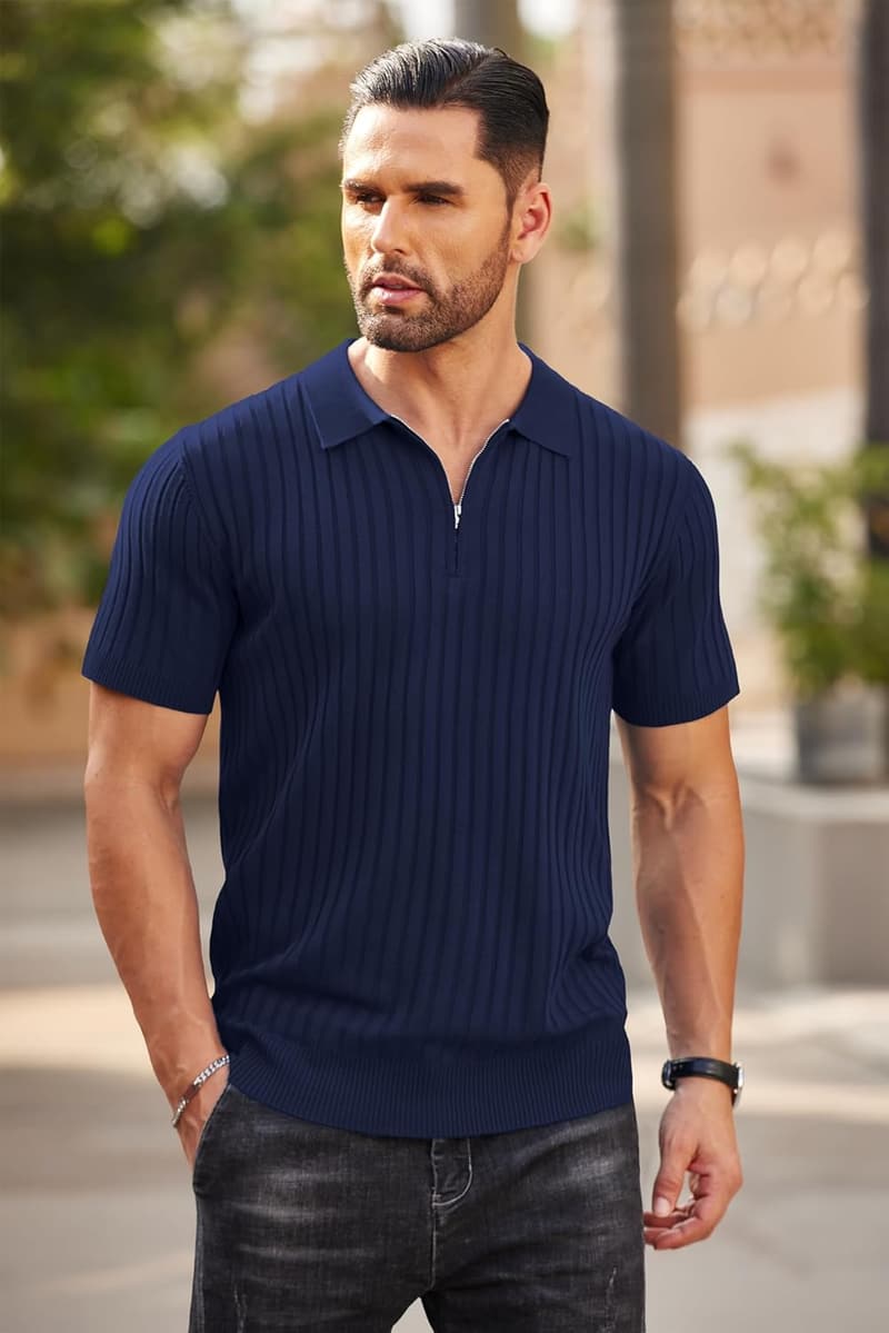 Men's Casual Short Sleeve Zipper Polo Shirt for Golf