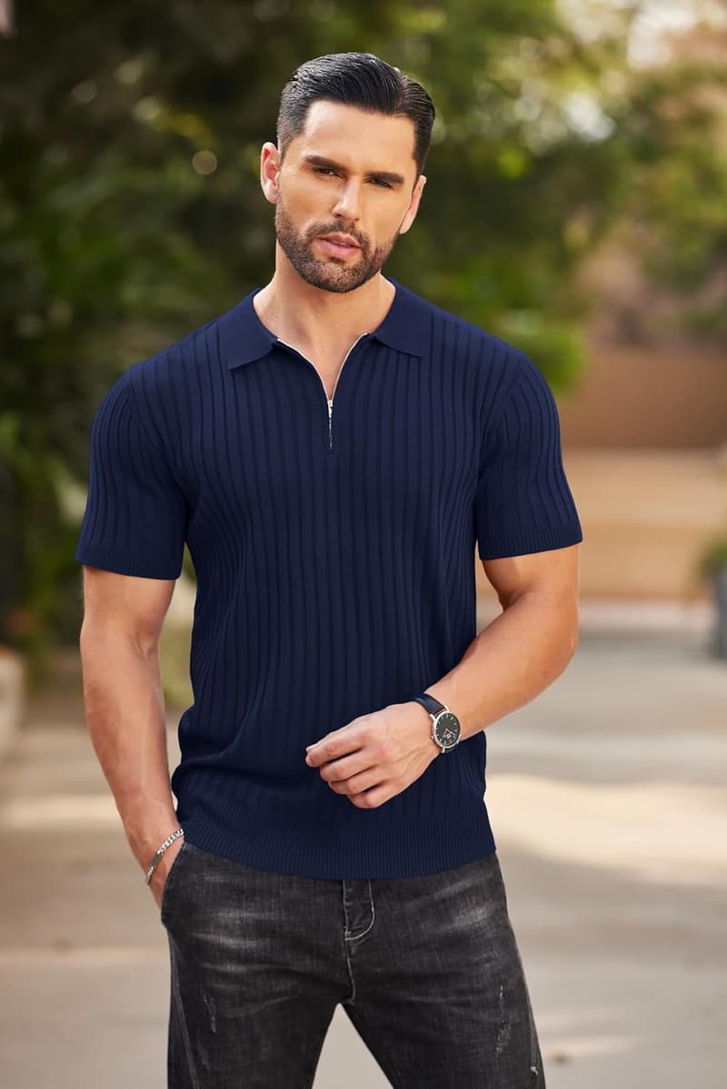 Men's Casual Short Sleeve Zipper Polo Shirt for Golf