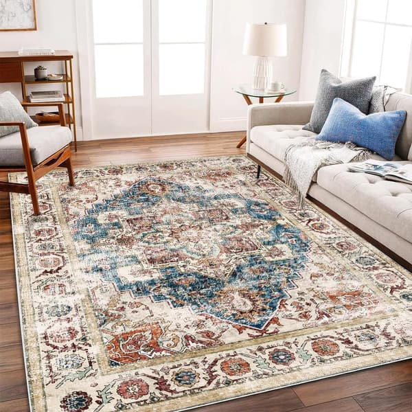 Large Washable Boho Chic Area Rug 10'x14' - Beige Blue Medallion