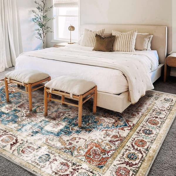 Large Washable Boho Chic Area Rug 10'x14' - Beige Blue Medallion