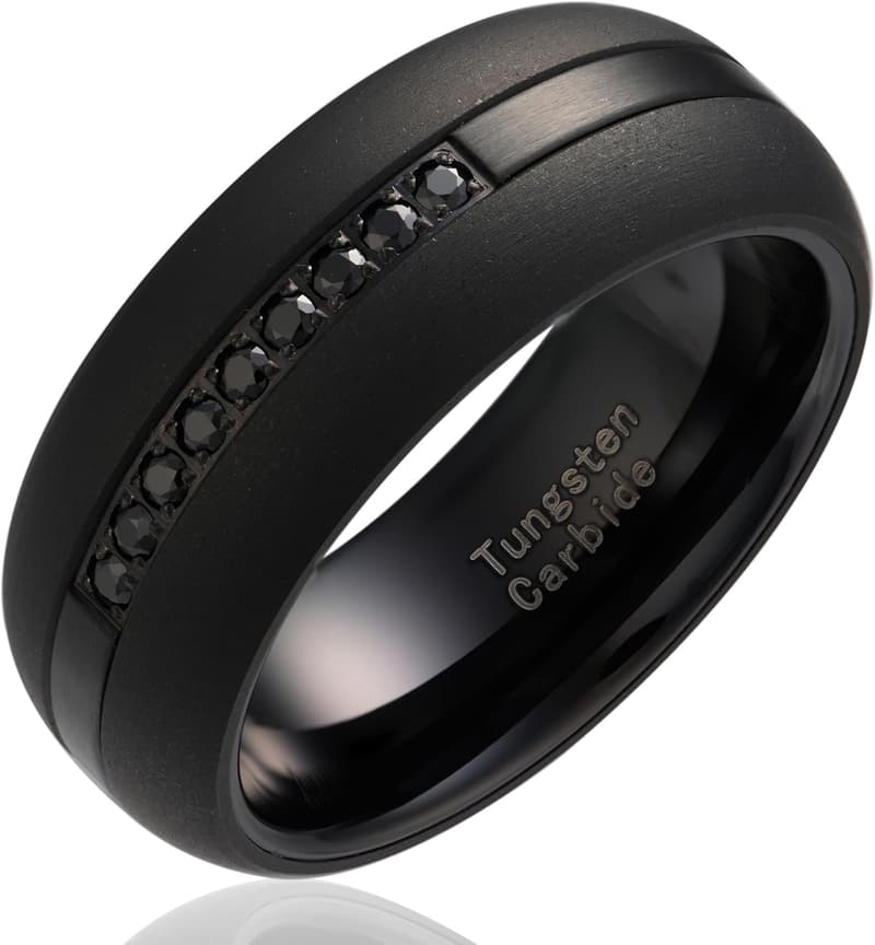 Men's Black Tungsten Wedding Band with CZ Moissanite Inlay, Sizes 6-16