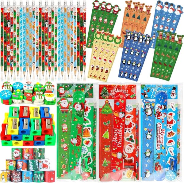 Christmas Party Favors 28-Pack with Pencils, Rulers, Stickers
