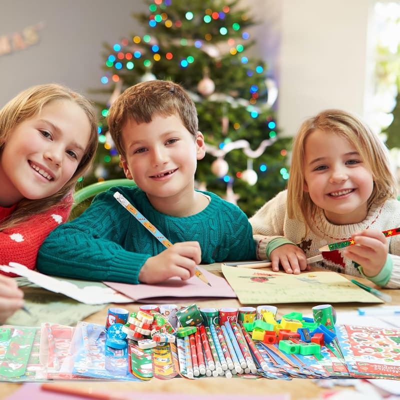 Christmas Party Favors 28-Pack with Pencils, Rulers, Stickers