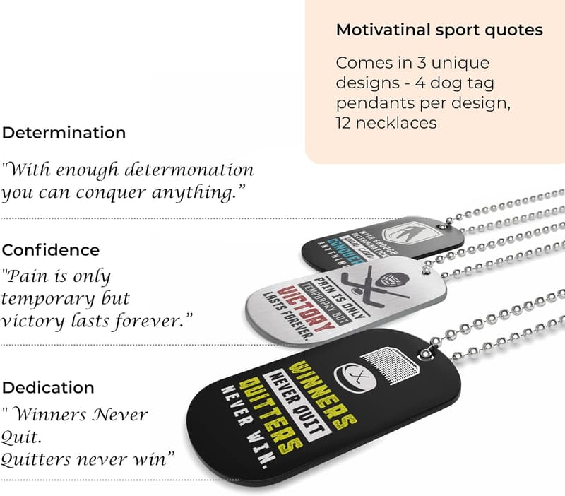 Motivational Hockey Dogtag Necklaces - 12 Pack for Teams