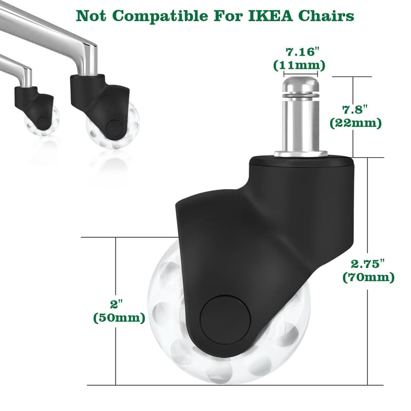 Replacement Rubber Caster Wheels for Office Chairs - Set of 5