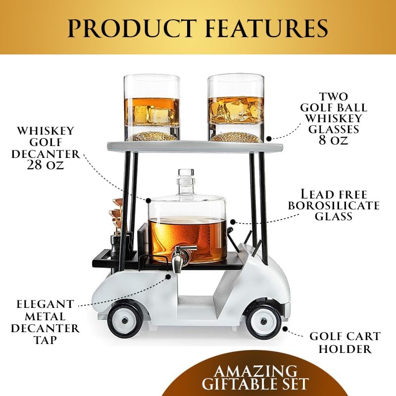 Golf Gifts - Golf Cart Whiskey Decanter Set with 2 Glasses