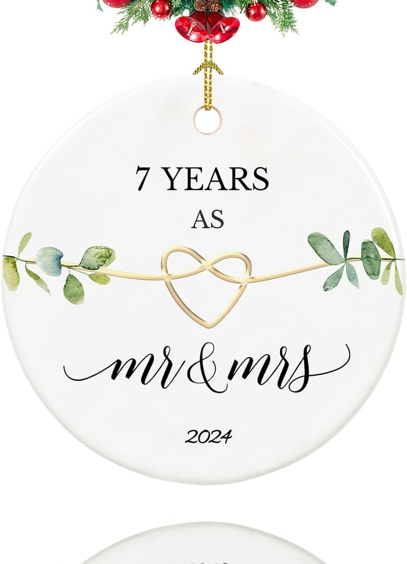 7th Anniversary Ceramic Ornament for Couples, 2.9