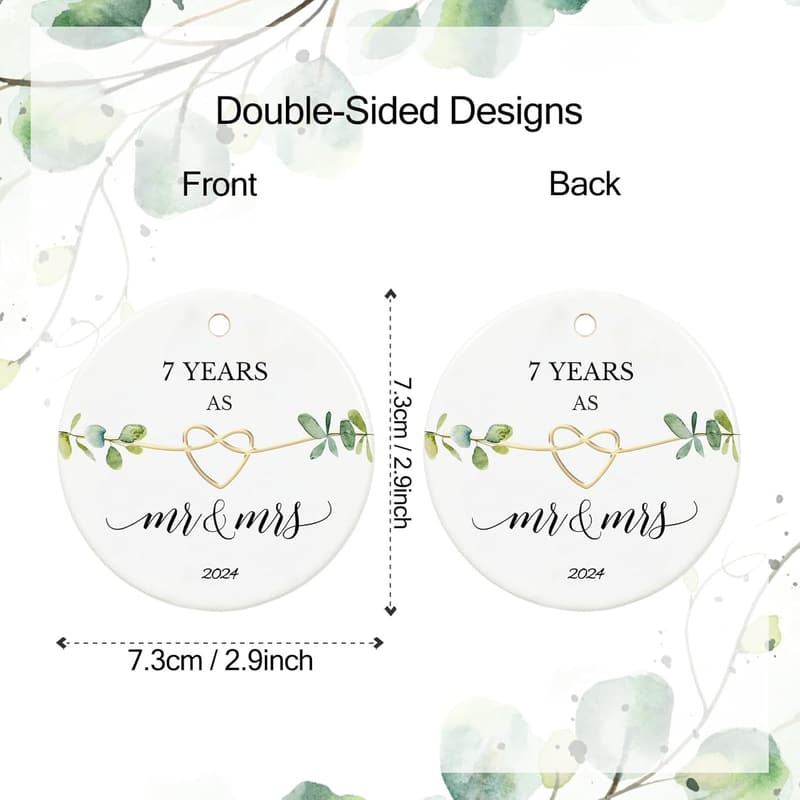 7th Anniversary Ceramic Ornament for Couples, 2.9