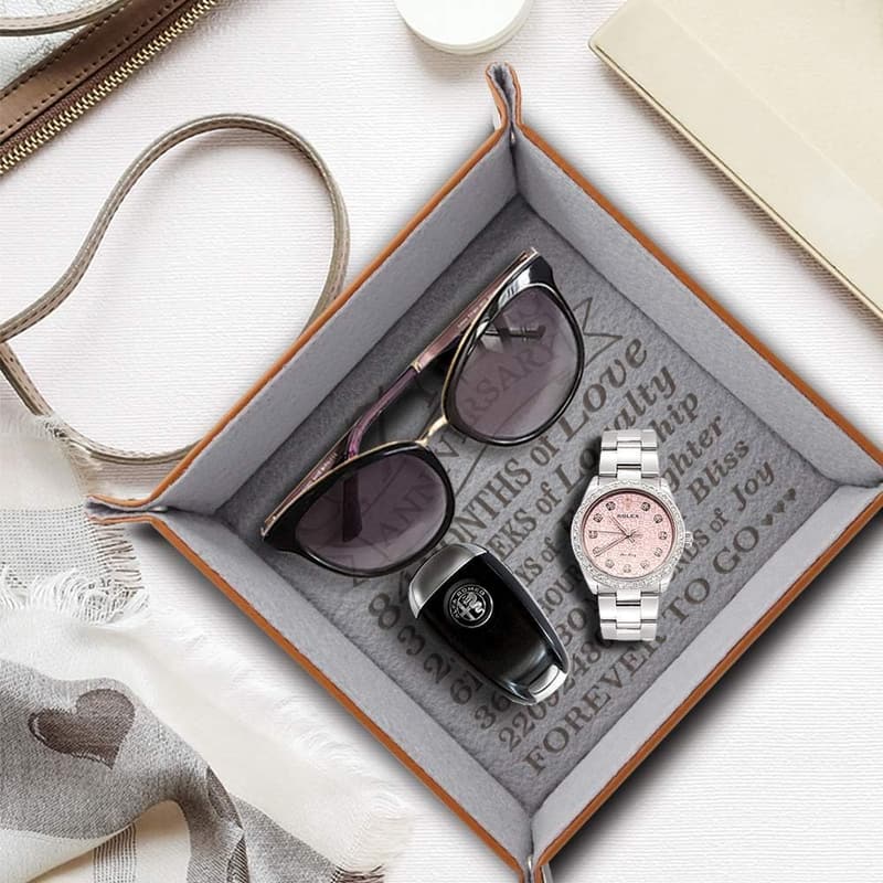 7th Anniversary Engraved Wool Jewelry Tray for Couples