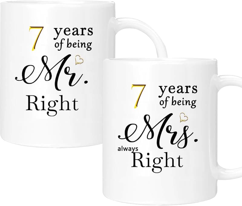7th Anniversary Coffee Mugs Set for Couples - Gift Boxed, 11oz