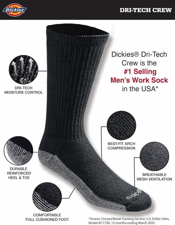 Dickies Men's Dri-Tech Moisture Control Crew Socks (6-18 Pairs)