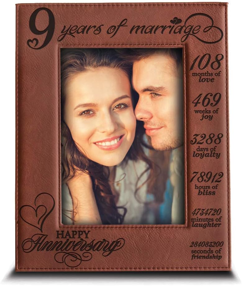 9th Anniversary Engraved Leather Picture Frame for Couples