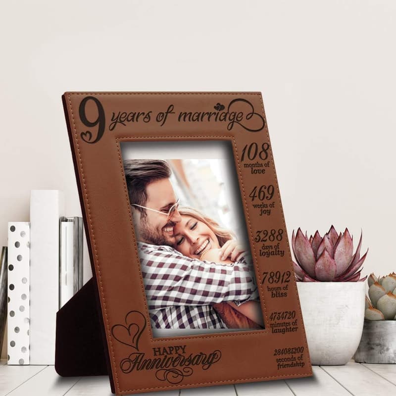 9th Anniversary Engraved Leather Picture Frame for Couples