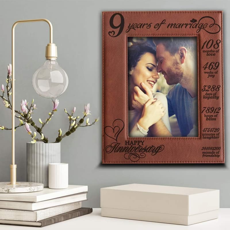 9th Anniversary Engraved Leather Picture Frame for Couples