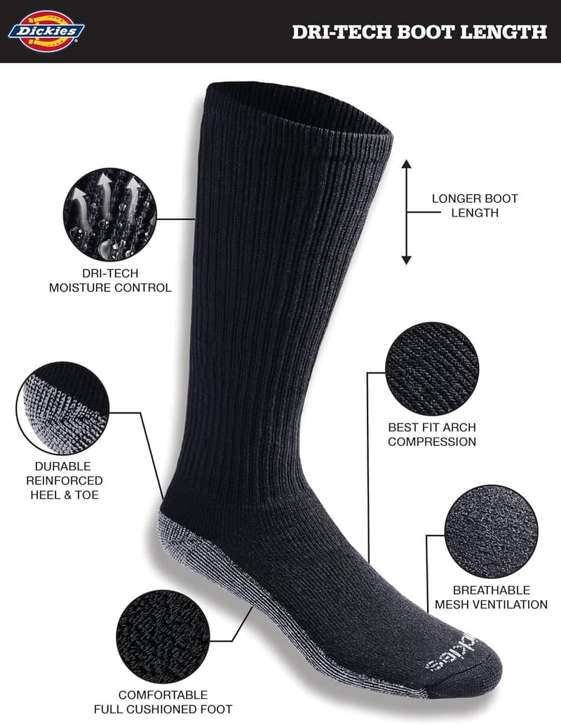 Dickies Men's Dri-Tech Moisture Control Boot Socks, L-XL (12 Pairs)