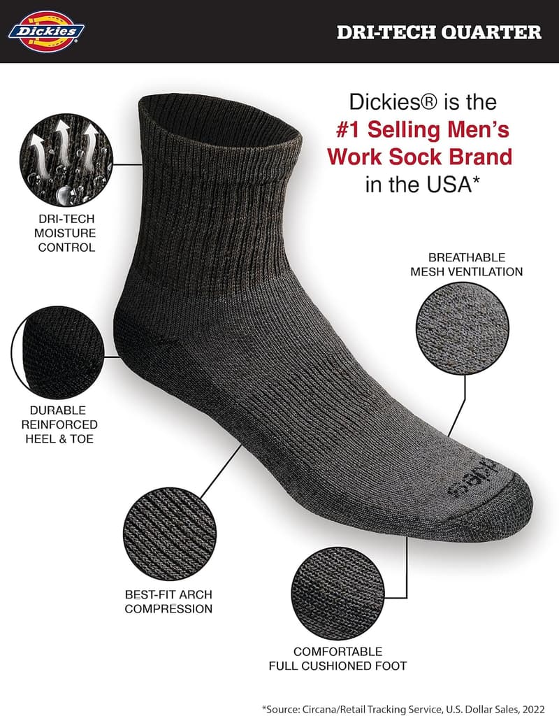 Dickies Men's Dri-Tech Moisture Control Quarter Socks (6-18 Pairs)