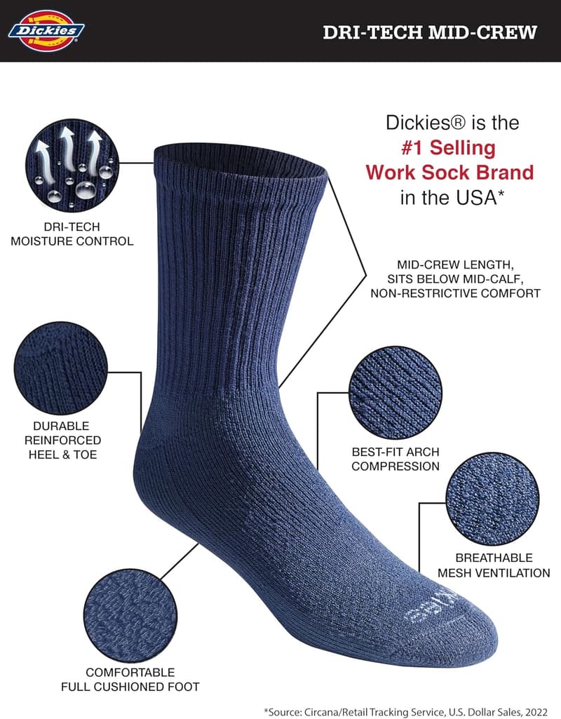 Dickies Men's Moisture-Control Mid-Crew Socks, Multipack