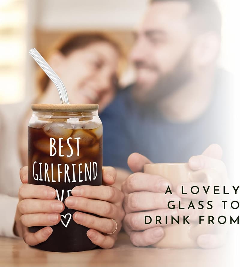 Girlfriend Anniversary Gift - 16 Oz Love Can Glass with Lid & Straw