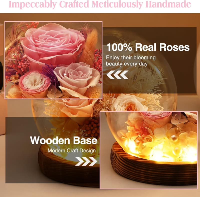 Preserved Pink Roses in Glass Dome with LED Light - Mother's Day Gift