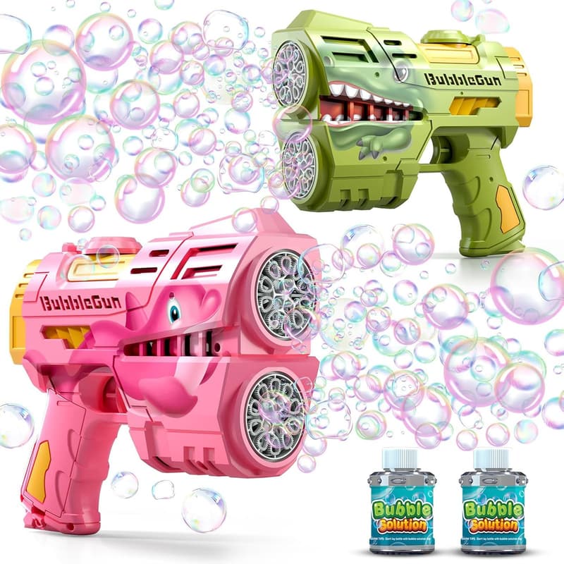 Rechargeable Dino Bubble Guns for Kids - 2 Pack with LED Lights