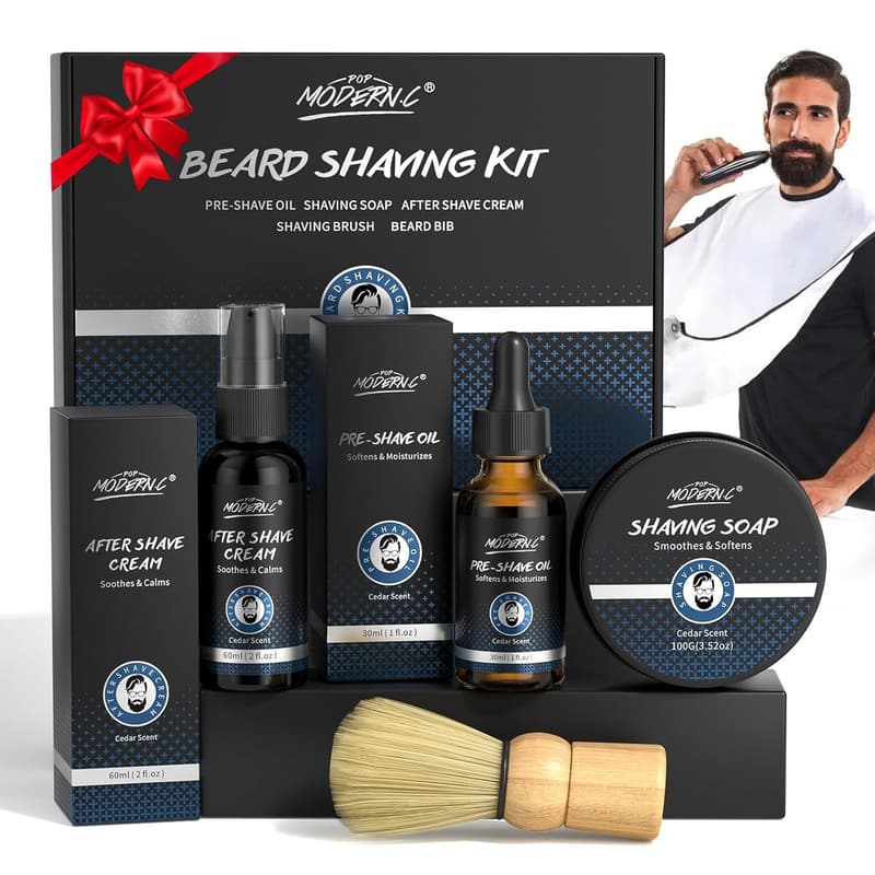 Men's Shaving Kit Gift Set with Soap, Oil, and Apron