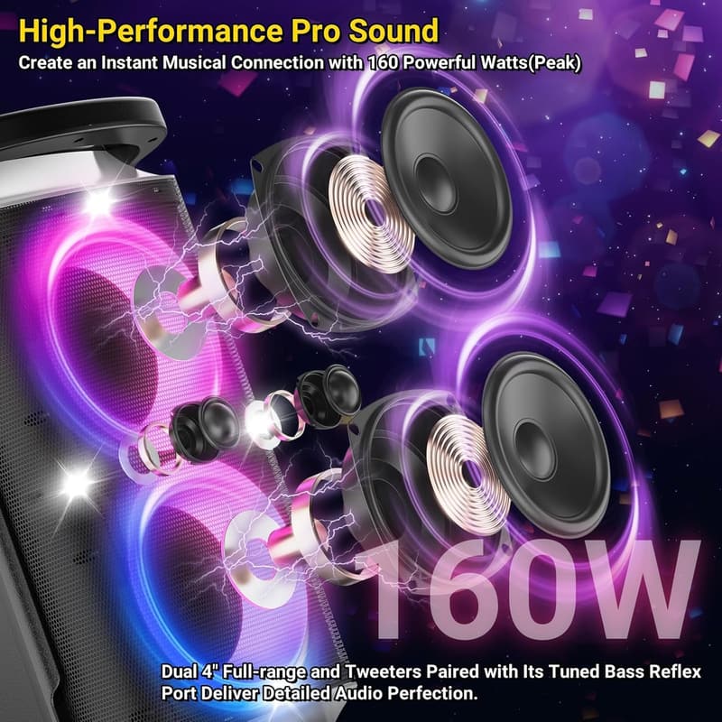 160W Portable Bluetooth Party Speaker with LED Light Show
