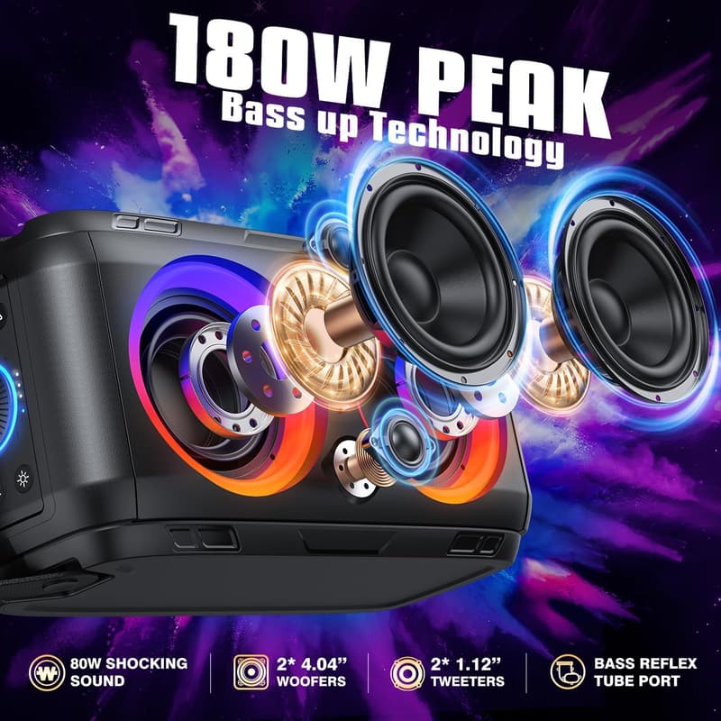 Portable Bluetooth Boom Box Speaker with 180W Deep Bass