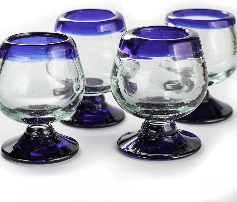 Cobalt Blue Rim Hand Blown Tequila Shot Glasses - Set of 4