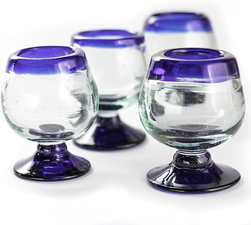 Cobalt Blue Rim Hand Blown Tequila Shot Glasses - Set of 4
