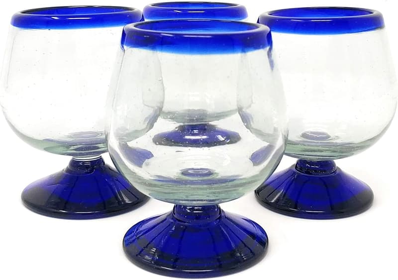 Cobalt Blue Rim Hand Blown Cognac Snifter Glasses Set of 4