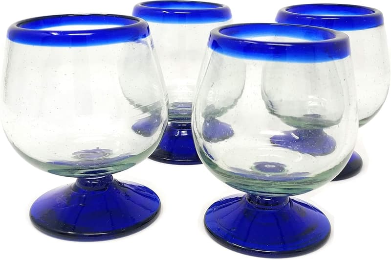 Cobalt Blue Rim Hand Blown Cognac Snifter Glasses Set of 4