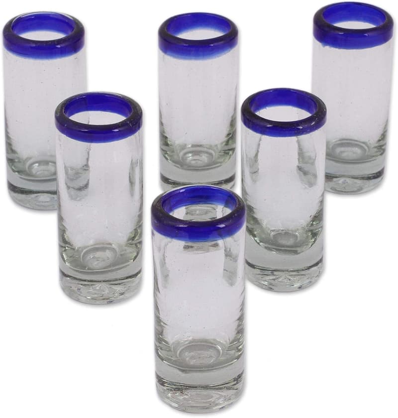 Hand Blown Clear Blue Rim Recycled Glass Shot Glasses (Set of 6)