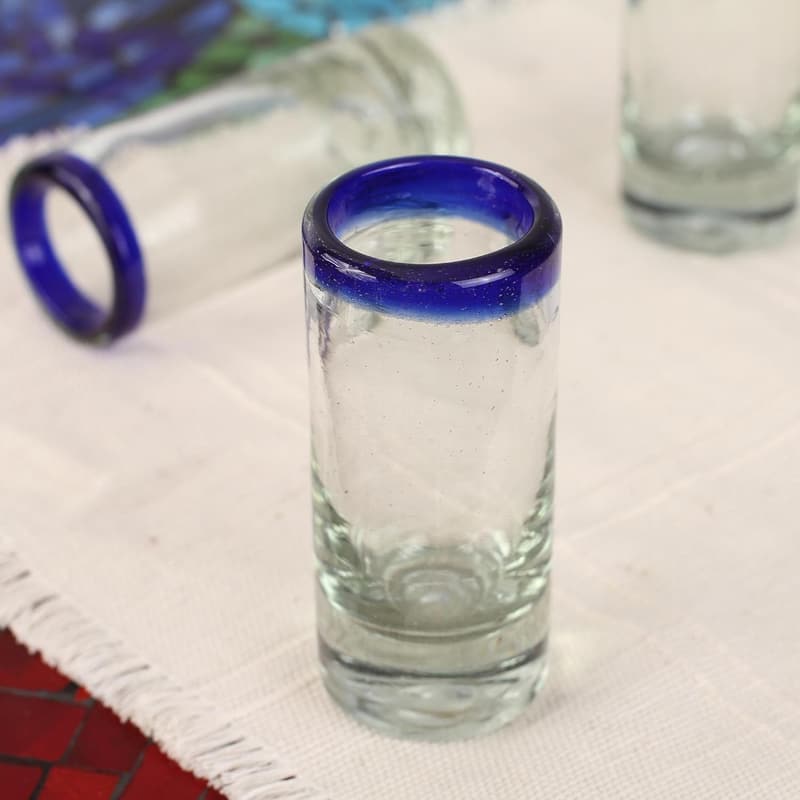Hand Blown Clear Blue Rim Recycled Glass Shot Glasses (Set of 6)