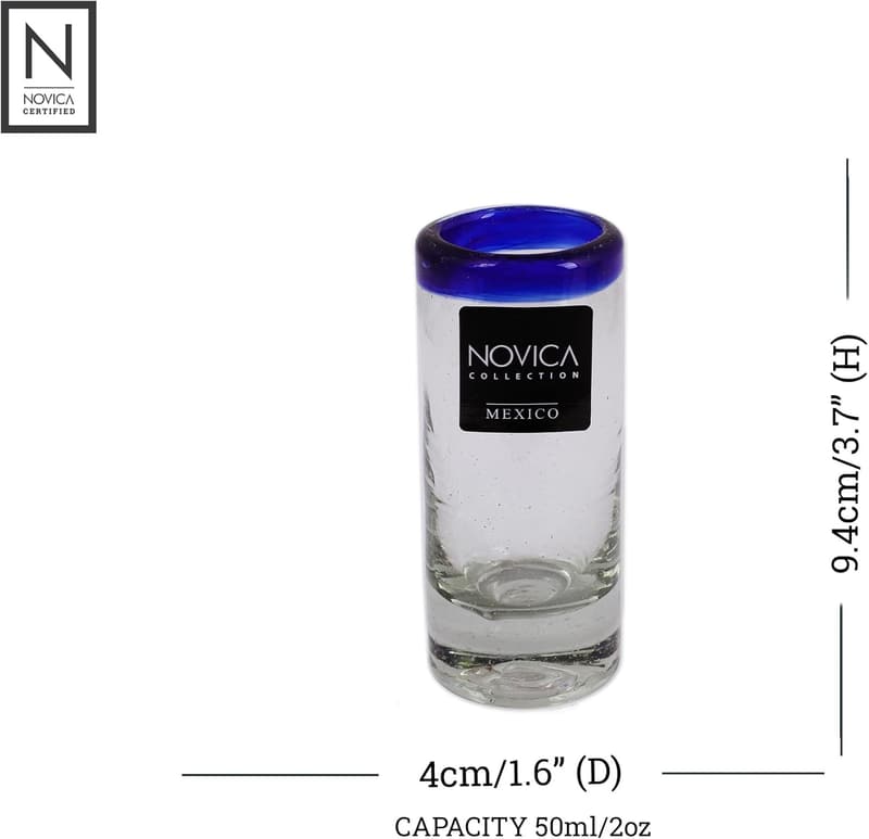 Hand Blown Clear Blue Rim Recycled Glass Shot Glasses (Set of 6)