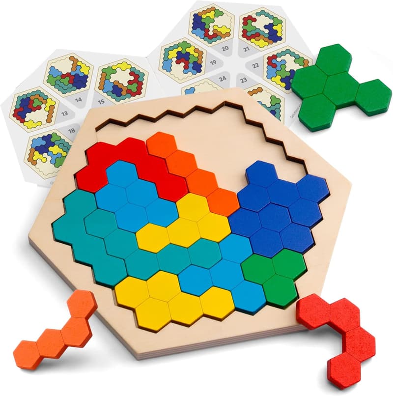 Montessori Wooden Hexagon Puzzle - STEM Brain Teaser Toy