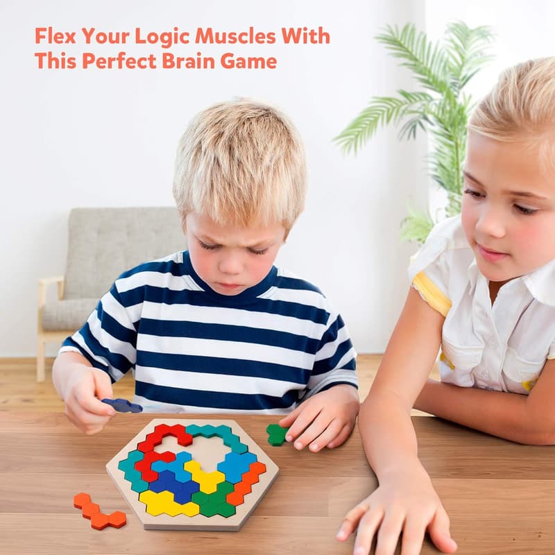 Montessori Wooden Hexagon Puzzle - STEM Brain Teaser Toy