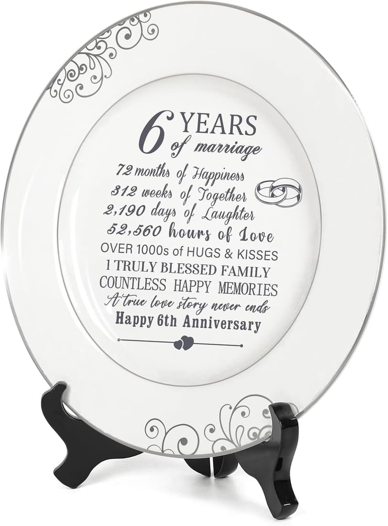 6th Anniversary Ceramic Plate with Platinum Foil for Couples
