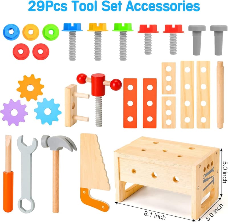 STEM Wooden Tool Set for Toddlers 2-4 Years - 29 Pcs