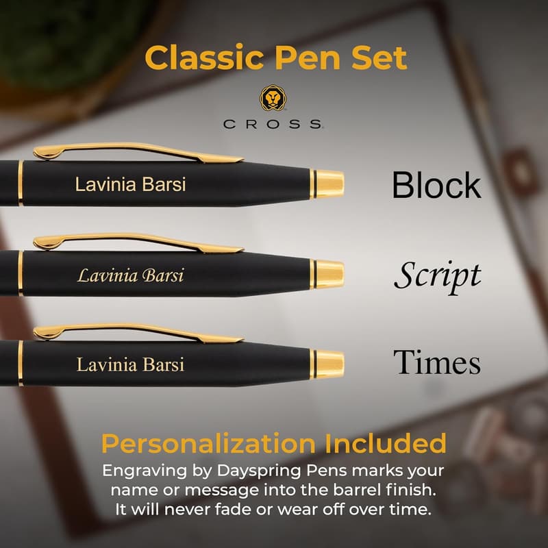 Personalized Cross Classic Pen Set - Matte Black & Gold Trim