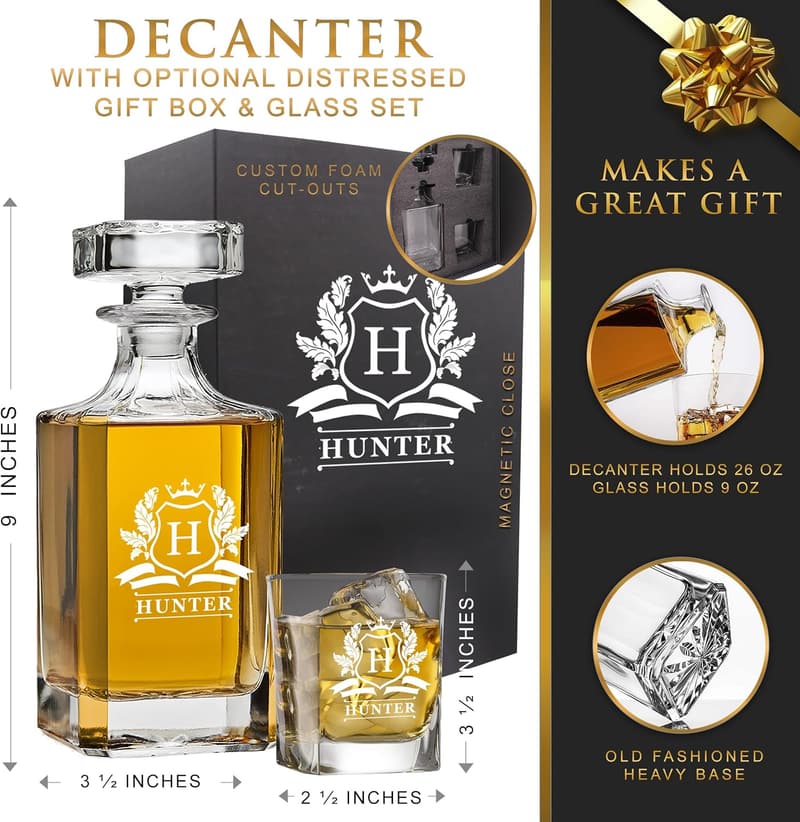 Custom Monogrammed Whiskey Decanter & Glasses Set