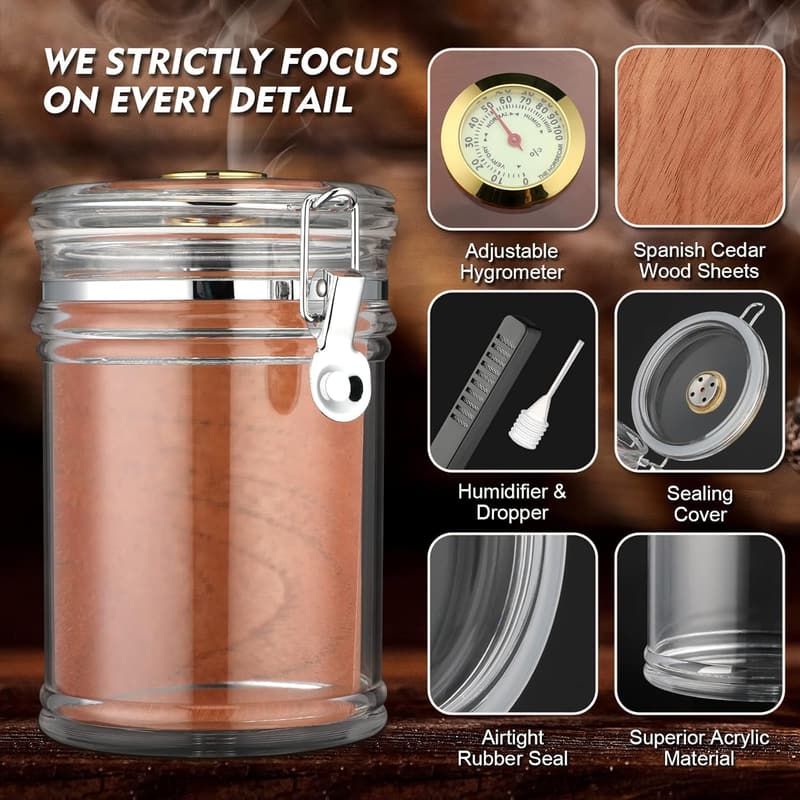 Acrylic Humidor Jar with Humidifier & Hygrometer for 18 Cigars